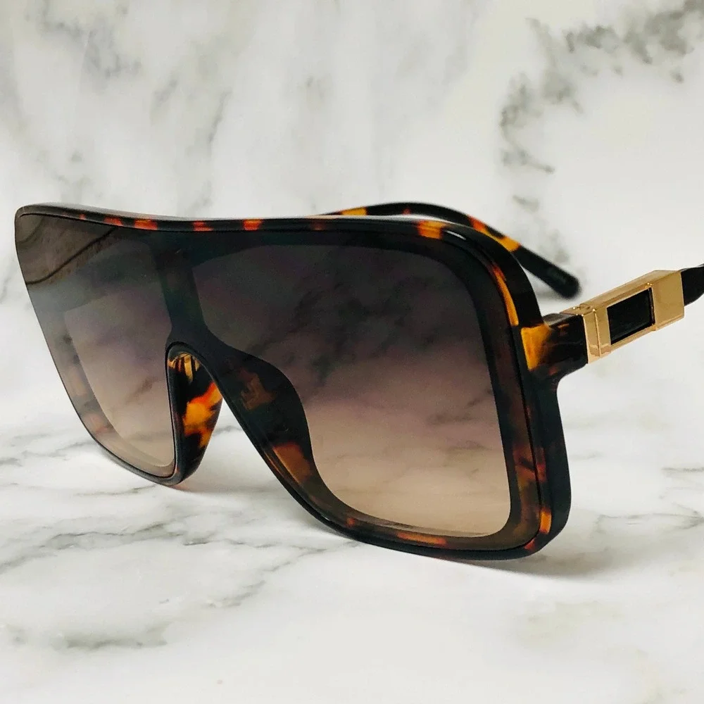 Women Oversized Shield Sunglasses‎ Brown Flat Lens Fashion Visor Trendy Shades